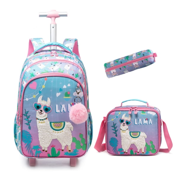 Girls School Backpack Child Wheeled Bag Set for Boys Roller Bag Rolling Luggage School Trolley Backpack with Lunch Bag Insulated