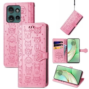 Funda Cartera Foxdock Para Motorola Edge 2024 , Flip Pu Con Relieve De Gatos Y Perros, Tarjetero Y Soporte