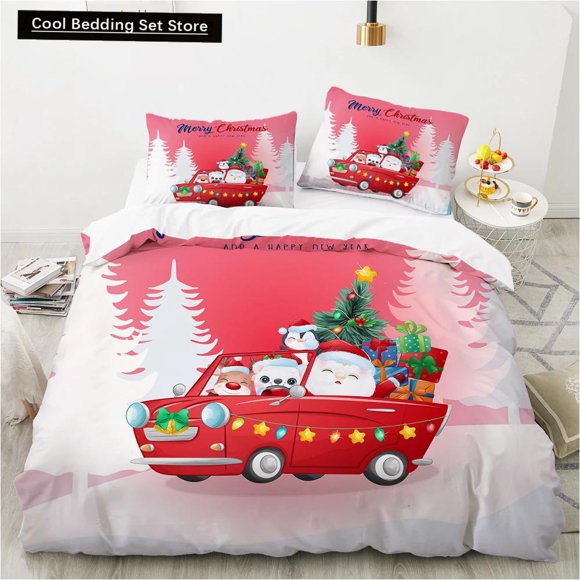 Merry Christmas Duvet Red Cartoon Santa Car Animals Bedding Set for Children Boy Girl Happy Holiday Theme Quilt Cover Bed Sheets