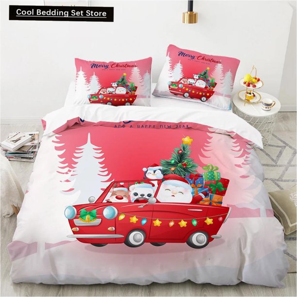 Merry Christmas Duvet Red Cartoon Santa Car Animals Bedding Set for Children Boy Girl Happy Holiday Theme Quilt Cover Bed Sheets