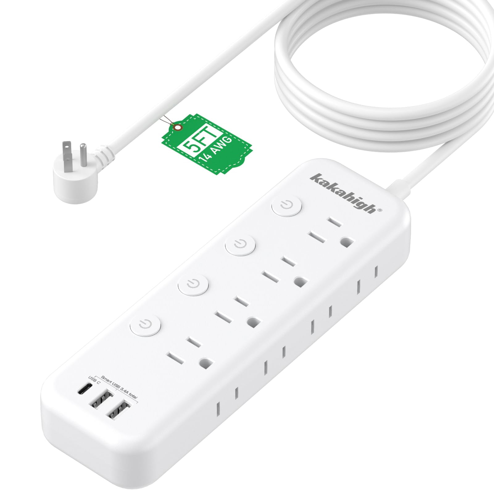Kakahigh - Cable De Extensión Para Electrodomésticos De 5 Pies Con Interruptores Individuales Y Puertos Usb