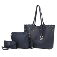 Set De 3 Piezas Para Mujer, Mkf Collection, Bolso Tote De Compras, Bolso Crossbody, Y Cartera - Mariahna, Cuero Vegano - Azul Marino