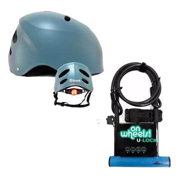 Set Casco Street Hook Con Luz + Candado Largo Tipo U + Piola gris L