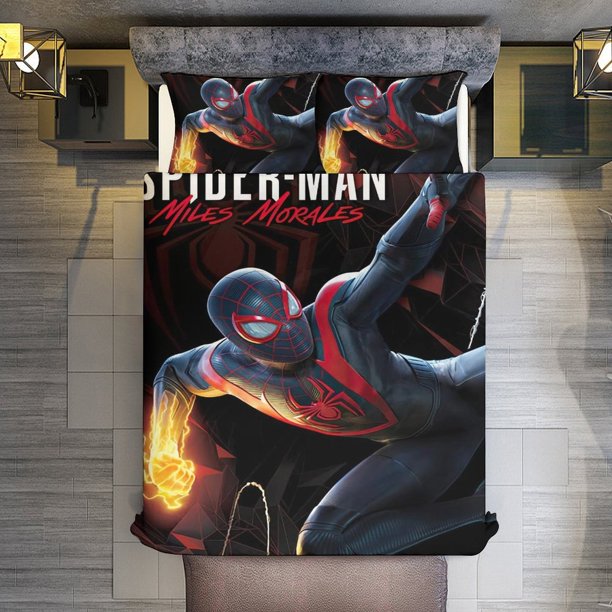 Spider-Man Miles Morales 3 Piece Sets Full/Queen Size - Reversible Microfiber Quilts with 2 Shams Soft Lightweight Bedspread Coverlet Comforter for All Season Bed Sheets