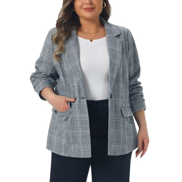 Agnes Orinda Blazers de Talla Grande para Mujeres Cuadros Solapa con Muesca Manga Larga Blazer Casual de Negocios 1X Azul Oscuro
