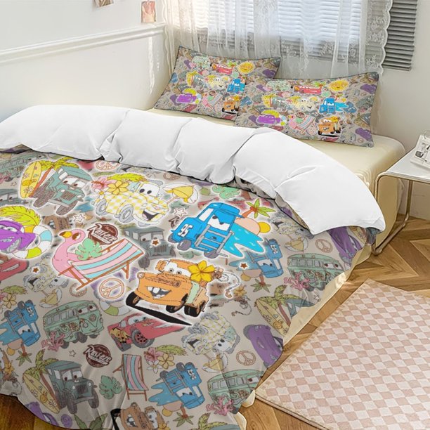 Happy Vacation Cars Lightning Mcqueen Comforter Set Soft 3 Pcs Twin Bedding Sets Thicken for All Season