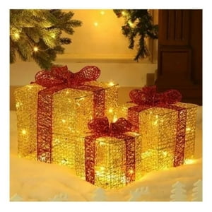 Aladdins Shop - Adornos De Navidad - Set De 3 Cajas De Navidad Color Dorado Con Luz Led