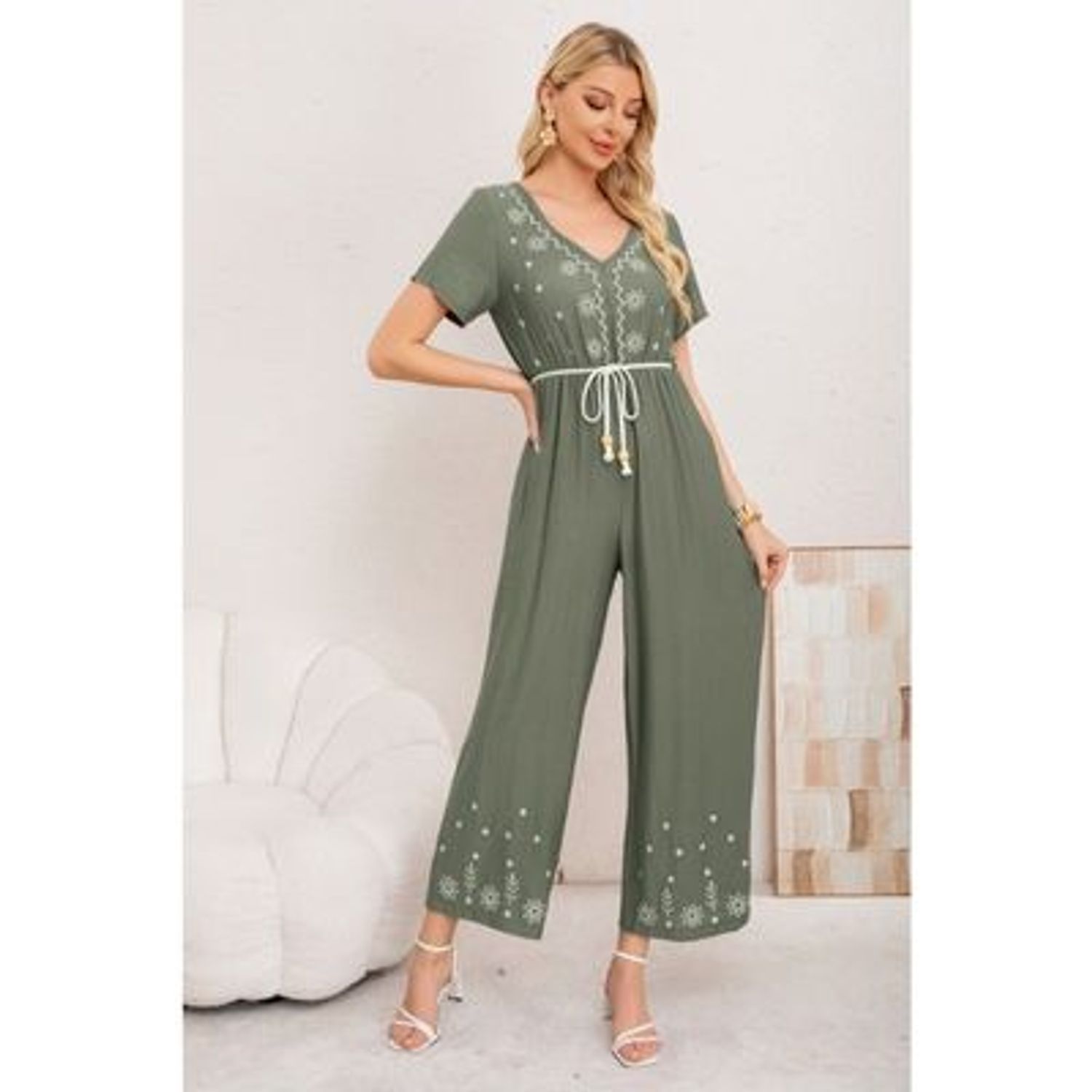 Likeshop - Enterito Mujer Casual Pierna Ancha Bordado Cuello V 3350