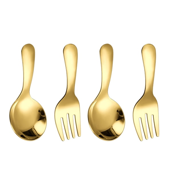 Cuchara de postre reutilizable de mango corto, tenedor, utensilios de cocina de acero inoxidable, cuchara pequeña para niños, 4 unidades