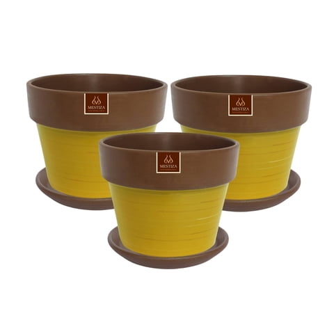 Pottery - Set De 3 Maceta Greta 16Cm Mostaza Y Sus Platos