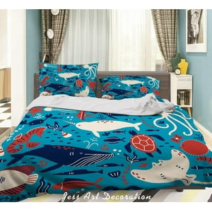 Milsleep - 3D Cartoon Hand Drawn Ocean Colorful Octopus Sea Turtle Whale Fish Funda De Edredón