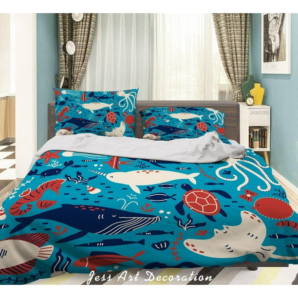 3D Cartoon Hand Drawn Ocean Colorful Octopus Sea Turtle Whale Fish Funda de edredón