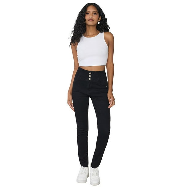 Jeans Mujer Skinny Fit Push Up Negro 3 Botones Corona