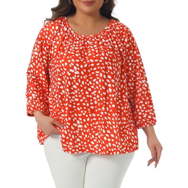 Agnes Orinda Women's Plus Size Día de San Patricio Blusa de Lunares de 3/4 Mangas Casual Túnica Cuello Redondo Camisas 4X Naranja