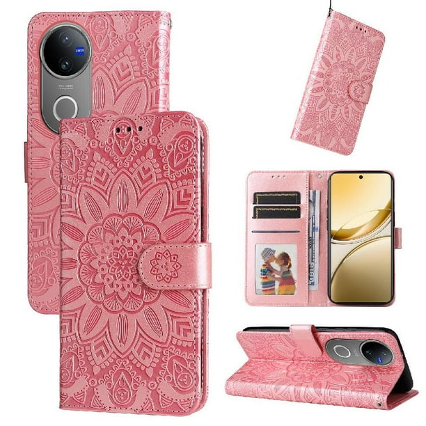 Funda tipo cartera FOXDOCK para Vivo V50 , diseño girasol en relieve, cuero PU, cierre magnético, soporte y tarjetero