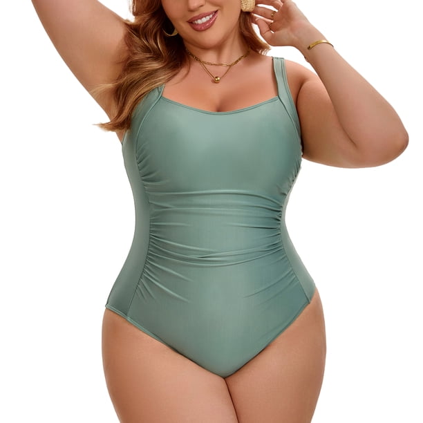 Traje de baño de una pieza para mujer de talla grande Agnes Orinda con control de abdomen y fruncido para piscina y playa, talla L, color verde