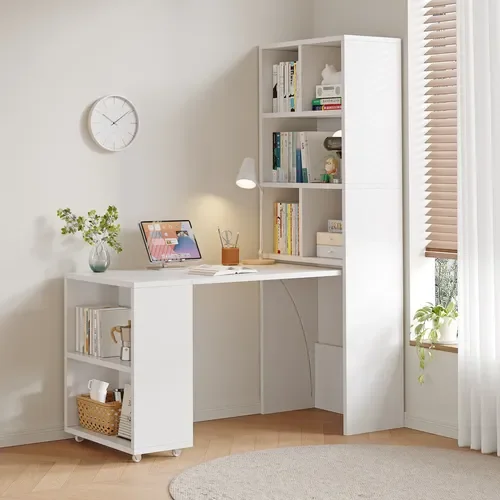 Escritorio Plegable Moderno Con Estantería Lateral Con Rueda Blanco