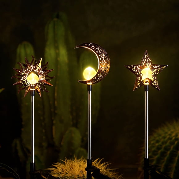 Luces solares de estaca para jardín Tryme, paquete de 3, luna, sol y estrella