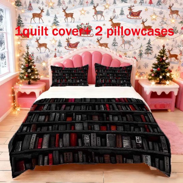 3pcs Black and White Bookshelf with Red Books Print Bedding Set Duvet Cover and Pillowcases