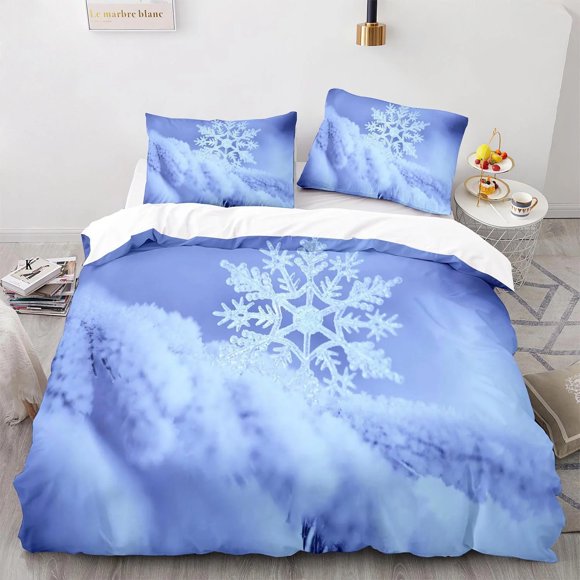Snowflake Polyester Duvet Cover Set For Teens Geometric Winter Inspirations Theme Cold Weather Season