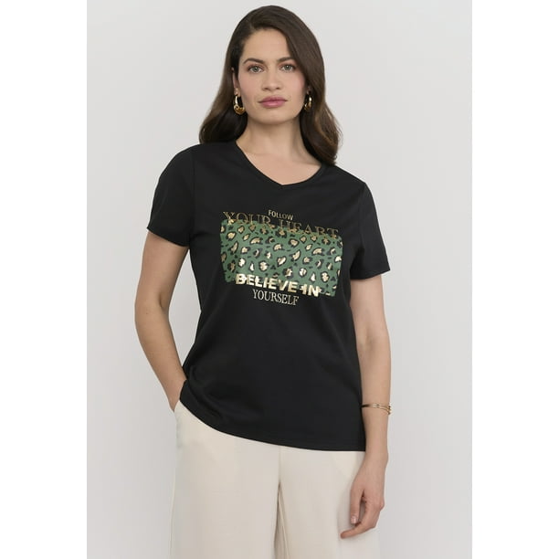 Polera Mujer M/C Focal Print Cuello V Negro Corona