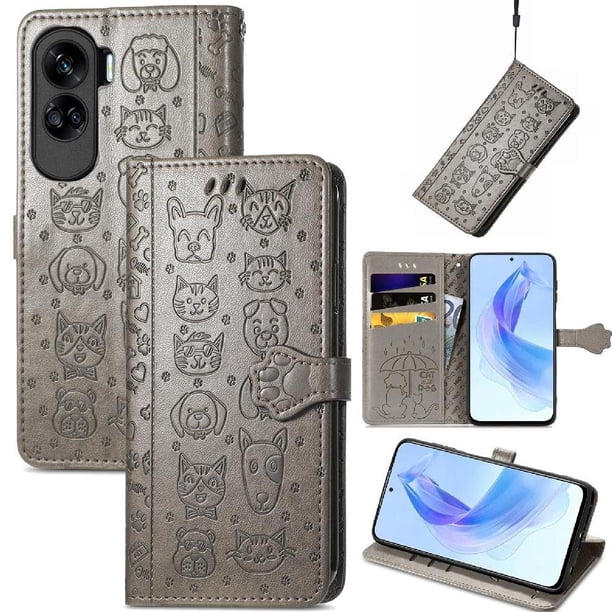 Funda Cartera FOXDOCK para Honor 90 Lite , Flip PU con Relieve de Gatos y Perros, Tarjetero y Soporte