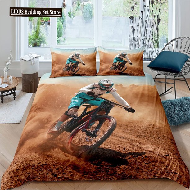 x2579 Bed SheetsBicycle Duvet Cover Set Motocross Racer Bedding Set Size Mountain Bike Comforter Cover Extreme Speed Sports Bedspread Cover 3-Piece Bedding Set (1 Duvet Cover + 2 Pillow Shams) nj2579