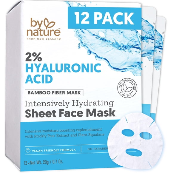 Mascarilla Facial de Tela By Nature Ácido Hialurónico 2% Piel Seca Paquete de 12