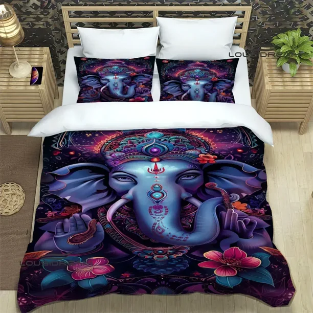 v1187 Bed Sheets Retro Ganesha printed Bedding Sets exquisite supplies set duvet cover bed comforter set bedding set luxury birthday gift 3-Piece Bedding Set (1 Duvet Cover + 2 Pillow Shams) Bed Sheet