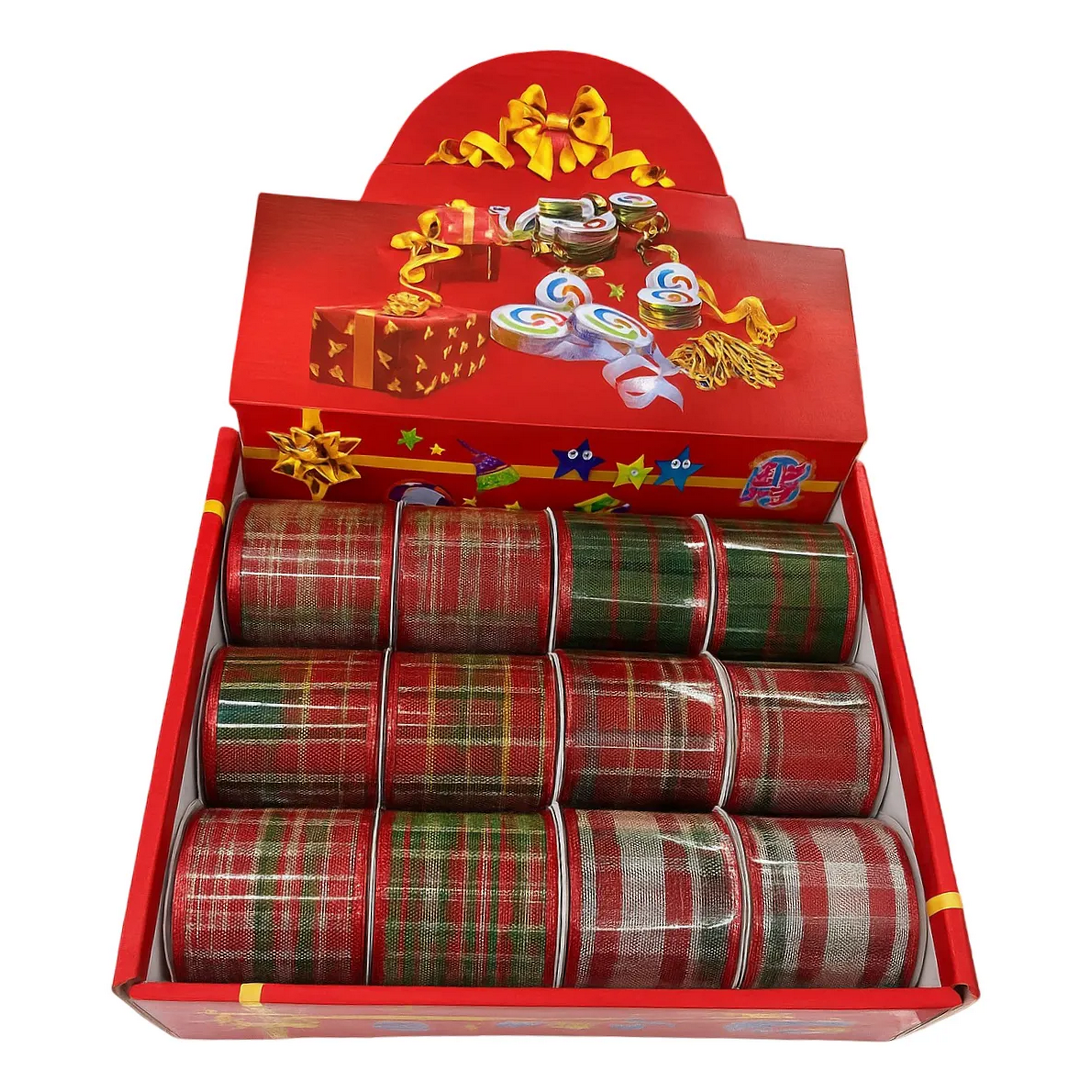 Wakeshome - Pack 12 Mallas Navidad Cinta Decorativa Dearbol 6,3cm*2,7mts Multicolor Geometrico