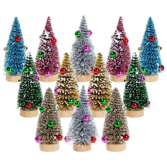 Mini árboles de Navidad Yookat, 12 unidades con base de madera, 10 cm, 12 colores