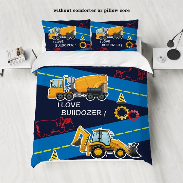 3pcs polyester children's bulldozer truck engineering vehicle down duvet cover set (1 duvet cover 2 pillowcases, no core)