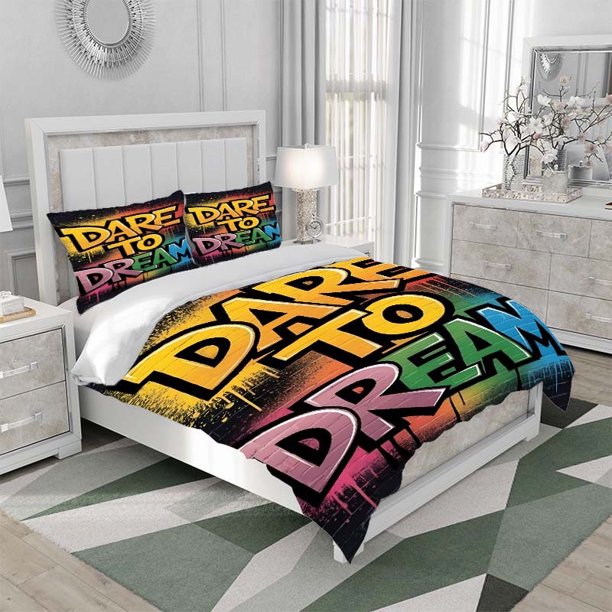 3pcs DARETODREAM Graffiti Art Theme Printed Bedding Set Soft Comforter Cover and 2 Pillowcases for All Seasons