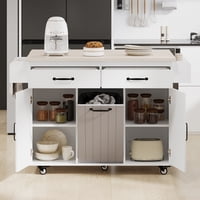 M&Ms - K&K Kitchen Island With Trash Can Storage Cabinet, Kitchen Cart With Drop Leaf, Spice Rack, Towel Rack And Drawer, Rolling Kitchen Island On Wheels With Adjustable Shelf, White