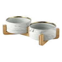 Magideal - Juego De Tazones De Comida De Cerámica Con Soporte De Madera, Tazones Para Perros Modernos, Tazones Para Gatos Elevados Antideslizantes , Gris, Cuenco Doble