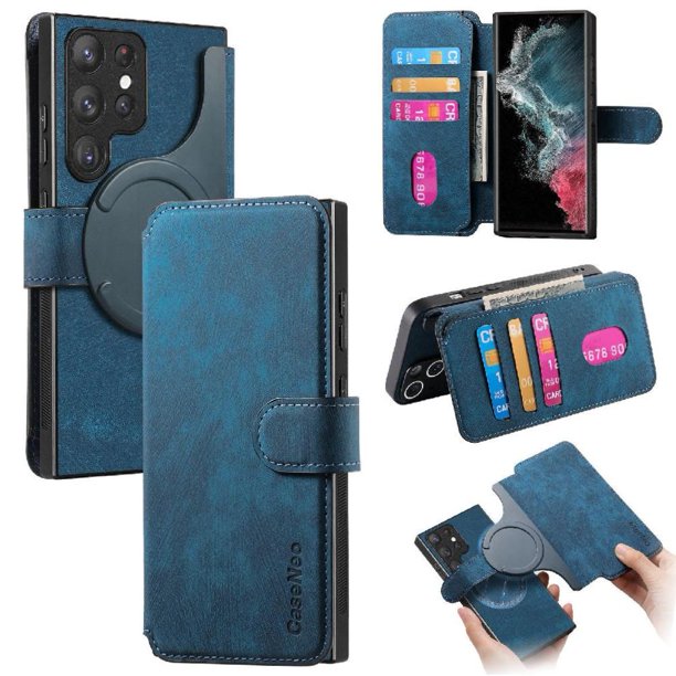 Funda Billetera Magnética para Samsung Galaxy S22 Ultra Soporte Tarjetas Desmontable Azul