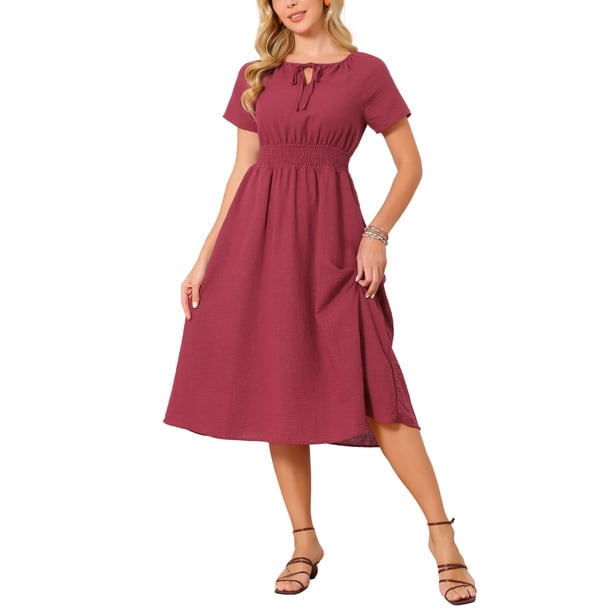 INSPIRE CHIC Vestido de Verano para Mujer con Lazo en el Cuello en V, Cintura Alta Fruncida, Línea A, Casual, Midi, Rojo Vino, Talla L