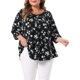 thumbnail image 4 of Blusa Campesina Floral de Talla Grande para Mujer de Agnes Orinda con Cuello Redondo, Frente Reunido, Mangas 3/4 Plisadas, Tops Casuales 3X Negro, 4 of 6