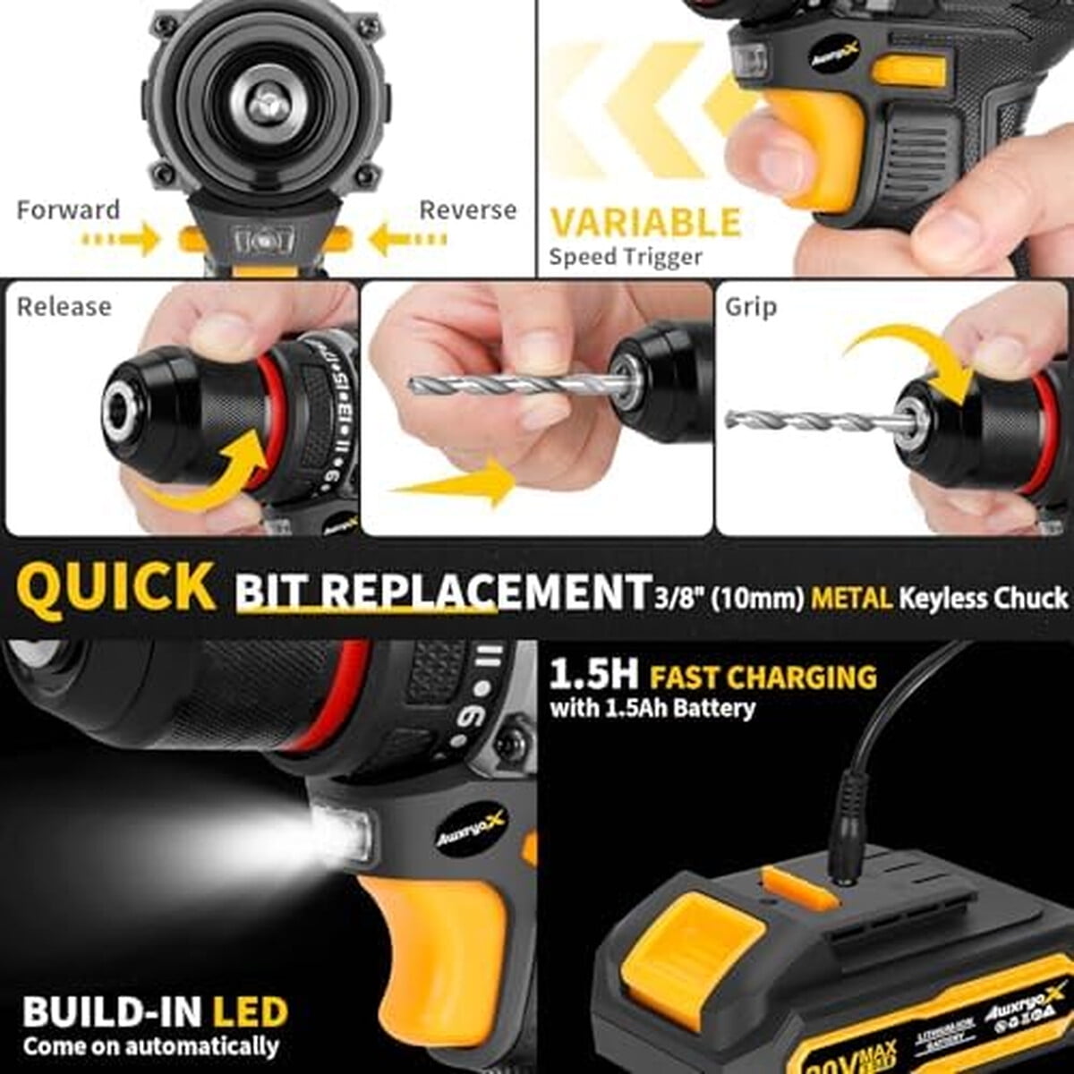 Taladro Inalámbrico Awxryox 20v Brushless 60nm 1.5ah 135pcs