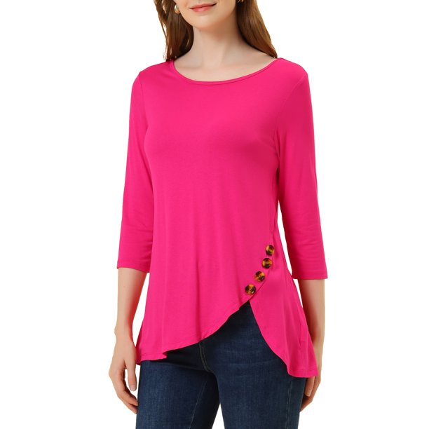 INSPIRE CHIC Blusas para Mujer Cuello Redondo Manga 3/4 Decoración de Botones Dobladillo Irregular Estilo Casual Blusa S Rosa Fucsia