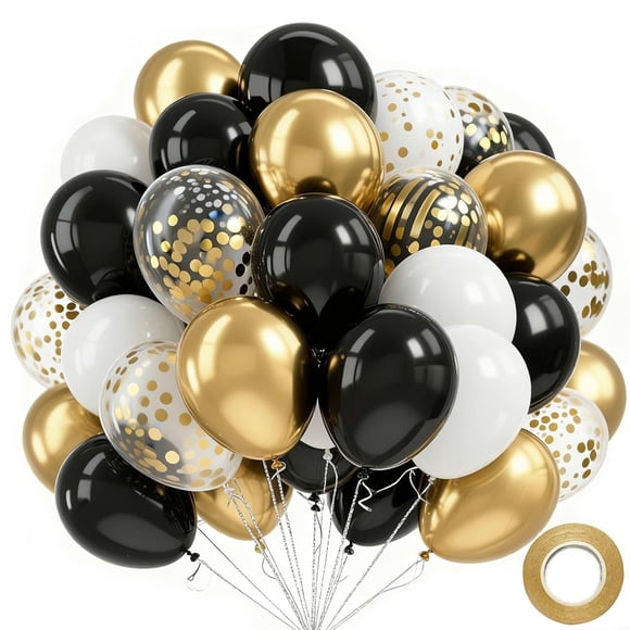 Globos PURPLIZATION 60 piezas 12" negro y dorado con confeti
