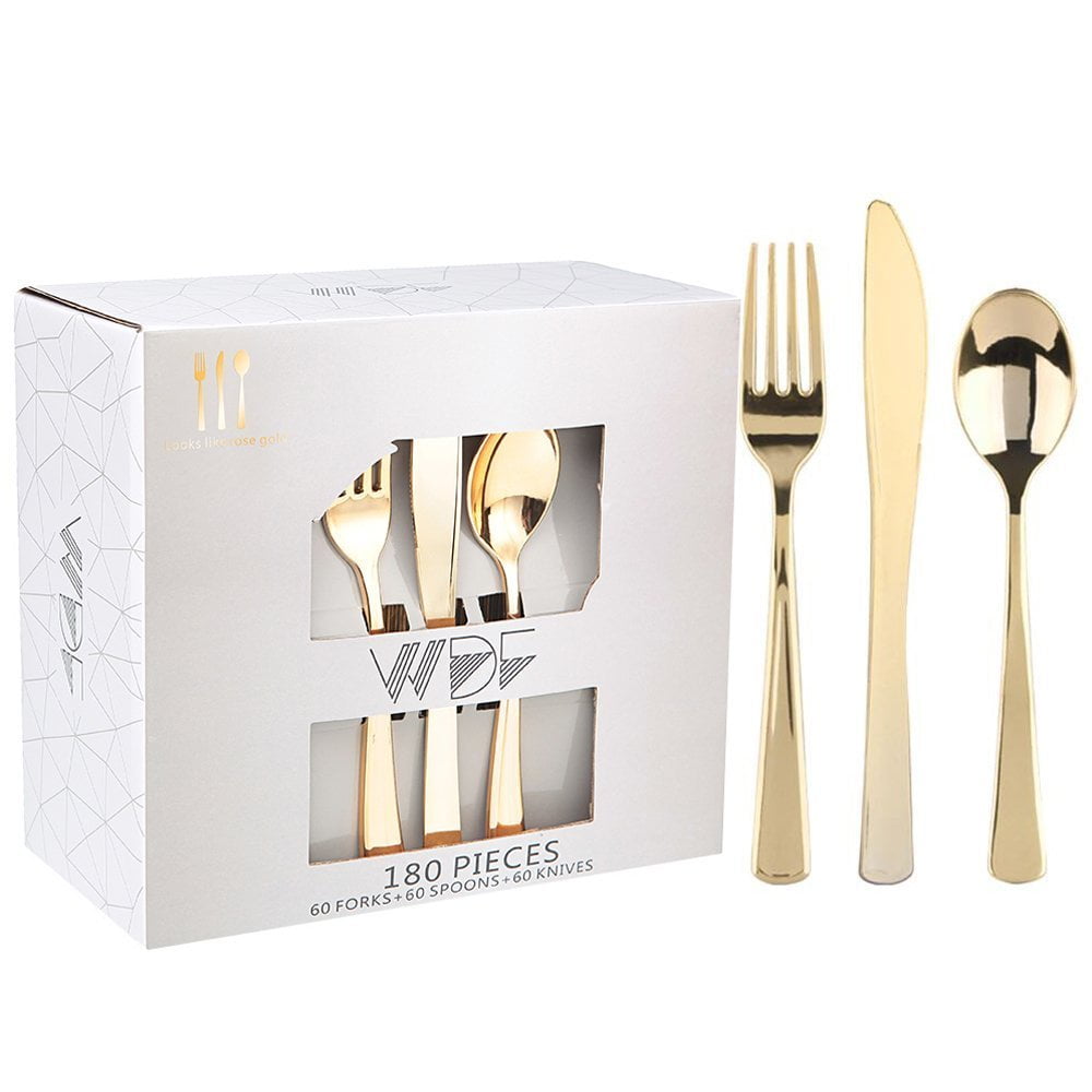 Wdf - Juego De Cubiertos Desechables De Plástico Dorado, 180 Piezas