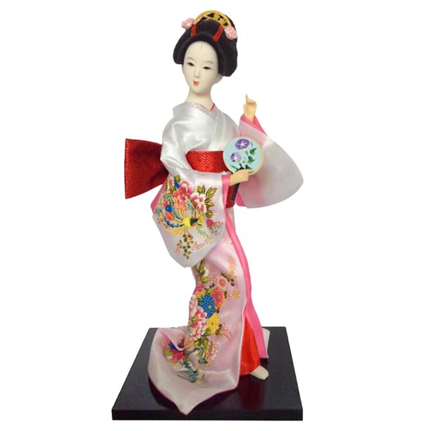Geisha japonesa de 12 pulgadas, muñeca Geisha asiática, escultura de adorno artesanal, estatua de niña, muñecas Geisha japonesas étnicas para el hogar Blanco y rosa