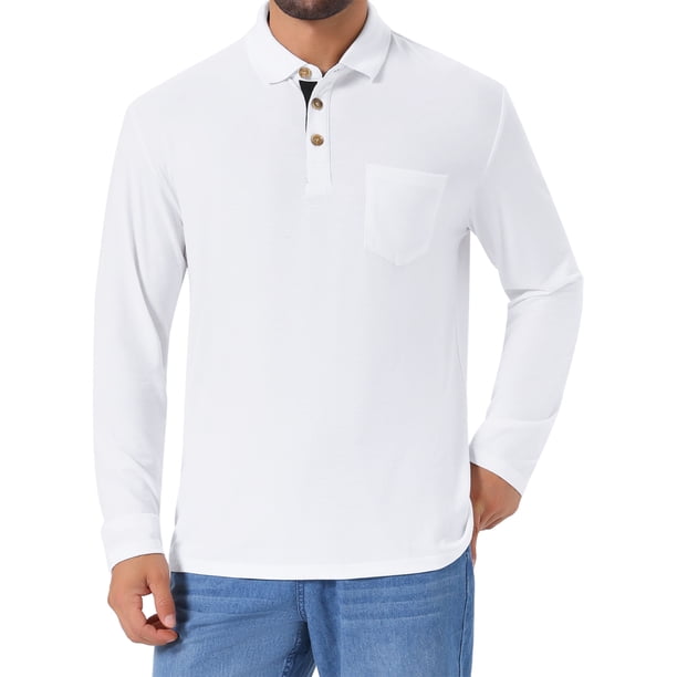 INSPIRE CHIC Edición Camisetas de Polo de Golf para Hombre con Botones de Contraste, Cuello con Bolsillo y Mangas Largas M Blanco