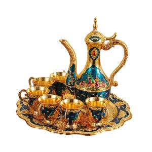 Magideal - 7 Piezas Juego De Té Turco Set De Café Con Tetera Bandeja Y Tazas Diseño Artesanal Material De Aleación De Zinc Adecuado Para Decoración Bodas Fiestas Azul