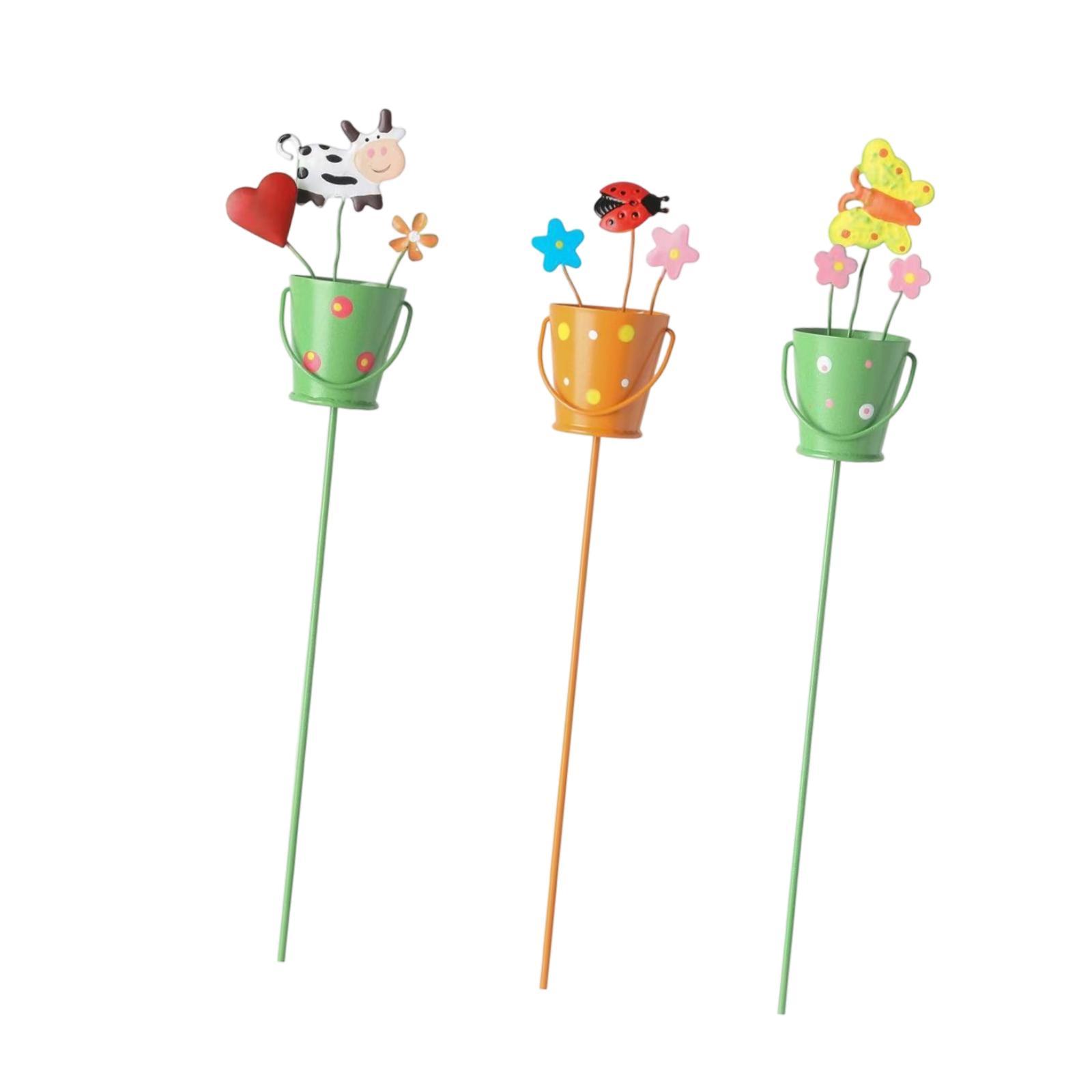 Magideal - 3 Estacas De Jardín Con Diseño De Flores, Diseño De Dibujos Animados, Para Decorar Plantas En Maceta, Para Invernaderos Exteriores, Césped Y Jardinerí Balde