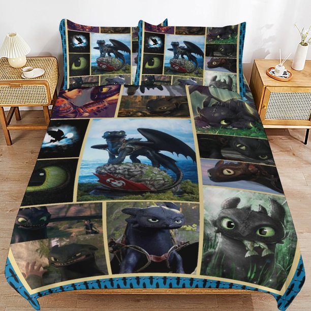 How To Train Your Dragon Bed Duvet Cover Microfiber Bedding Sets 3D Printed Lightweight 3 Piece Comforter Sets for Kids Boys Girls