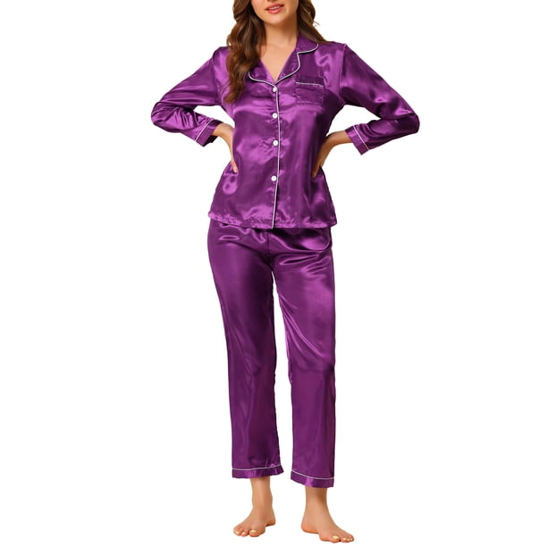 INSPIRE CHIC Conjunto de Pijama de Satén para Mujer de Regreso a Clases Camisa de Dormir de Manga Larga con Botones y Pantalones con Ribete en Contraste Cuello con Solapa Ropa de Casa L Púrpura