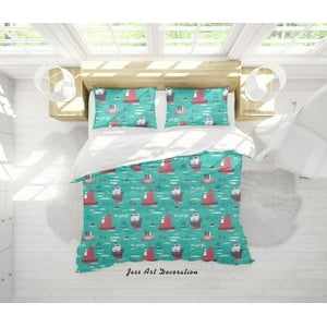 Milsleep - 3D Cartoon Barcos Ballena Patrón Funda De Edredón Set Ropa De Cama Set Funda Nórdica
