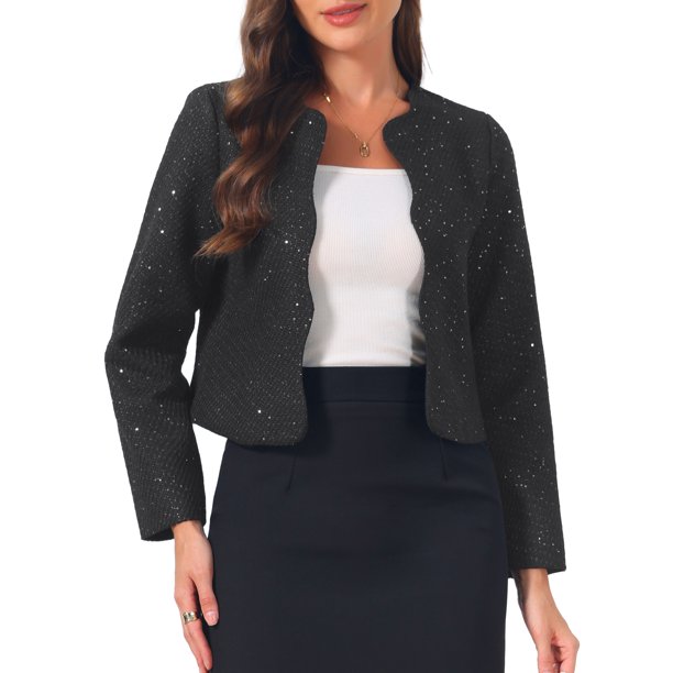 INSPIRE CHIC Chaquetas de Tweed para Mujeres Manga Larga Cuello Redondo Abierto Frente Trabajo Negocios Blazer Chaqueta M Negro